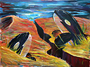 Painting of 2 Orcas swimming in a sea of sand